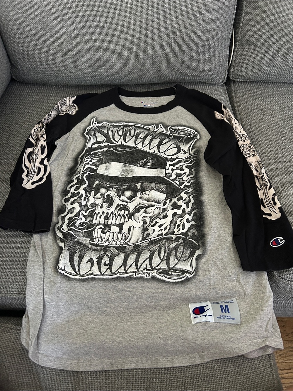 Champion Grey & Black Skull Raglan Tee with Sleeve Graphics